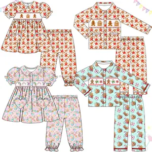 Wholesale smocking girls clothing christmas gingerbread man embroidery girl outfits boutique custom ruffles girl sets