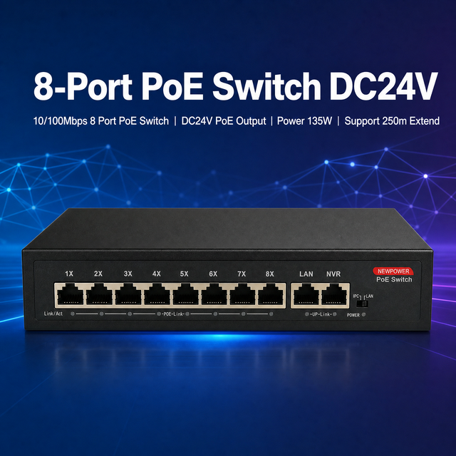 Factory OEM Low Power 8 RJ45 Port PoE Switch DC24V 10/100Mbps Energy Saving Ethernet Access Switch