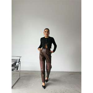 Pantalon en cuir PU marron taille haute coupe droite anti-boulochage pour femme - Product Image 4