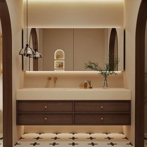 Bathroom Vanity Solid Wood Cabinet Seamless Ceramic Basin With <b>Mirror</b> Light Integrated Sink - Product Image 4