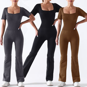 2024 cuello cuadrado <span class=keywords><strong>trompeta</strong></span> pantalones mono conjuntos de yoga sin costuras para mujeres mallas de pierna ancha ropa de gimnasio entrenamiento Fitness ropa deportiva - Product Image 1