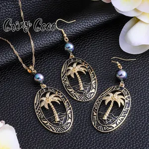 Cring CoCo Fashion Jewelry 2021 Hawaiian Jewelry Ellipse Coconut Tree Earrings Polinesian Necklace Set Wholesale Hawaiian