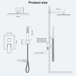 Ensemble de douche mural noir mat avec pommeau et poignée, mitigeur de douche complet en laiton massif à pression équilibrée - Product Image 6