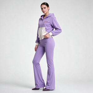Ensemble sweat à capuche zippé personnalisé pour femme, haut à capuche contrastant, pantalon bootcut taille haute, tenue streetwear douce pour femme - Product Image 2