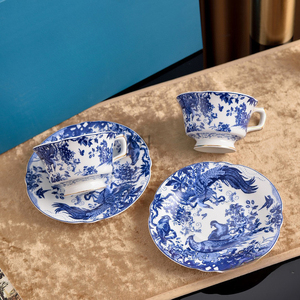 Juego de Taza y Platillo Doble de Cerámica Ecológica Phoenix Retro, Porcelana Azul y Blanca para Café y Leche de la Tarde - Product Image 2