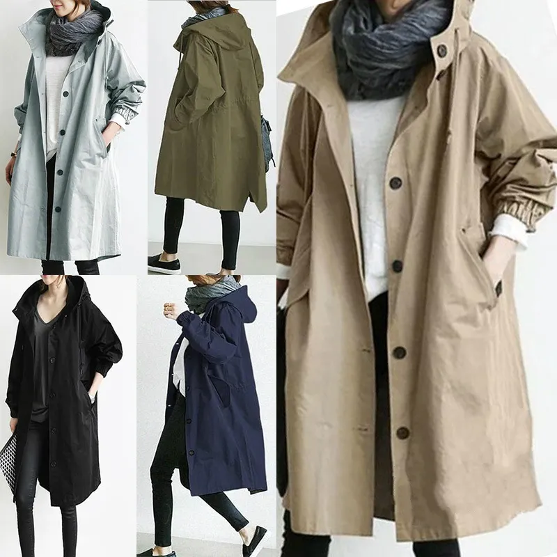 Trench-Coat Mode Femme Printemps Automne Casual Hooded Medium Long Overcoat Loose Windproof Coat Korean Trendy Large Size
