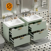 Meuble-lavabo mural vert Shinestone de bonne qualité avec vasque en céramique et miroir LED Meuble-lavabo