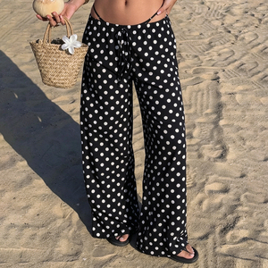 Pantalon long décontracté style plage d'été, coupe droite, taille mi-haute, respirant, avec cordon de serrage et blocs de couleur à pois - Product Image 4