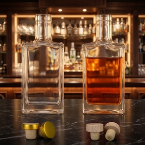 Bouteille en verre vide transparente carrée 500ml <span class=keywords><strong>700ml</strong></span> 750ml pour spiritueux/<span class=keywords><strong>gin</strong></span> avec bouchon en liège et capuchon en bois - Product Image 2