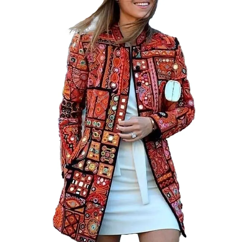 2022 hot women's digital printing mid-length cardigan jacket coat