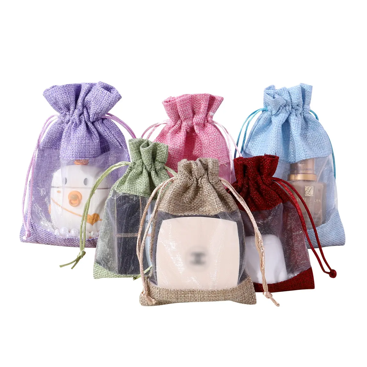 Fashionable 10x14cm Natural Jute Gift Bag with Organza Window Jute Pouch with Window