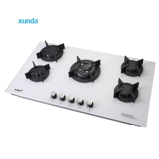 Xunda White Built in Gas Hob Glass Top Cooking Stove Cooktop 5 BurnerCooker Euro Gas Stove With FFD for Home & RV Kitchen Use