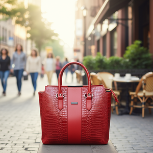 Sac fourre-tout Camila en cuir de vachette rouge ciselé, taille moyenne, fermeture ouverte, motif crocodile, en cuir véritable, avec poignées, sac décontracté pour femme - Product Image 2