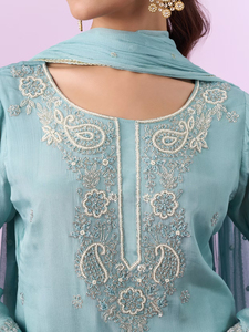 Traje Palazzo Azul Etéreo Ecológico, Transpirable, Antiarrugas, con Estampado Digital y Servicio OEM - Product Image 3