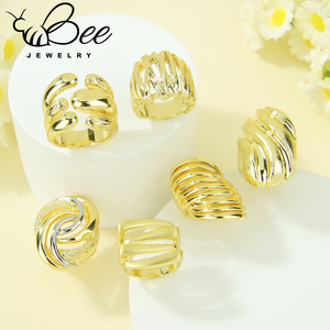Anillos abiertos gruesos de joyería fina de oro de 14k hipoalergénicos, anillos geométricos únicos hechos a mano y en capas para chicas. - Product Image 2