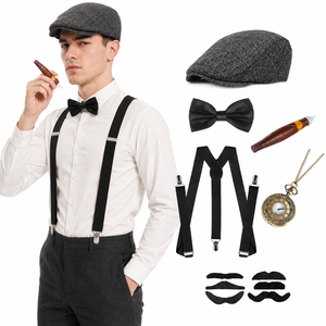 Ensemble de cosplay amusant de gangster des années 1920 pour hommes, accessoires de fête, bérets, cigares, bretelles, montre de poche, ensemble d'accessoires de costume Gatsby - Product Image 1