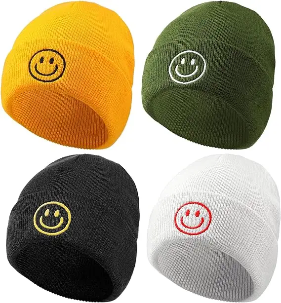 Unisex Smile Face Embroidered Acrylic Soft Warm Winter Cuffed Knit Hats Skull Cap Beanie Hat for Men