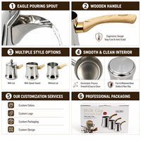Cafetière turque HC Wholesale 350-720ml en acier inoxydable avec poignée en bois, bec verseur en forme d'aigle, couvercle anti-éclaboussures, ensemble de 3 pièces, OEM 6 pièces pour café et vente au détail