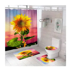 Wholesale Sunflower Waterproof Non-slip Shower Curtain 3D Digital Printing Four-piece Shower Curtain Set