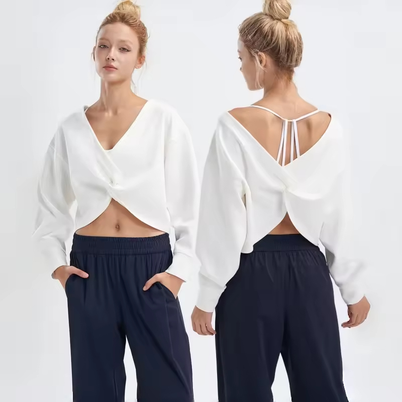 New Design Gym Free Size Two Ways Wear Yoga Crop Top Long Sleeve V Shape Backless Sexy Shirts Sunproof Top for Women