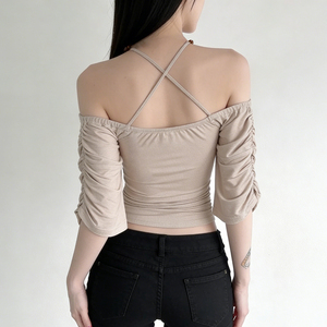 Top Corto de Mujer con Hombros Descubiertos, Diseño de Cuello Halter con Cuentas, Manga Murciélago Fruncida, Ajuste Ceñido y Sexy, Blusa Diaria Novedad 2026 - Product Image 5