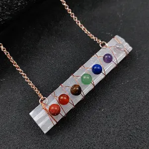 7 Chakra Healing Crystals Stones Beads Wire Wrapped Selenite Stick pendant