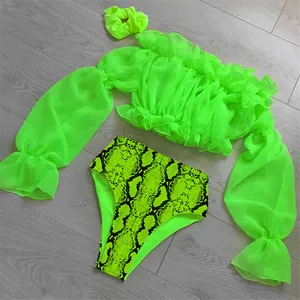 霓虹灯长袖连体泳衣 2PCS蛇纹印花绿色高腰比基尼推高妇女