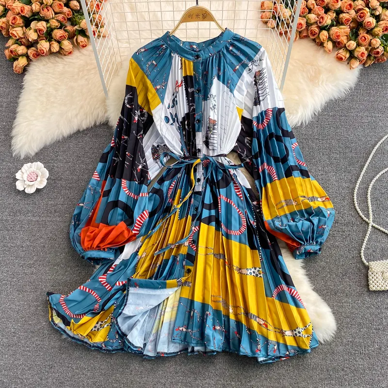 Fall O-Neck Casual Midi Dress For Women Puff Sleeve Empire Printed Shift Silk Dress Red Yellow