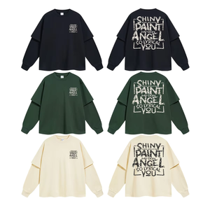 2025 primavera nuevo estampado personalizado 305G falso dos piezas de manga larga empalmada moda callejera para hombres camiseta de gran tamaño - Product Image 2