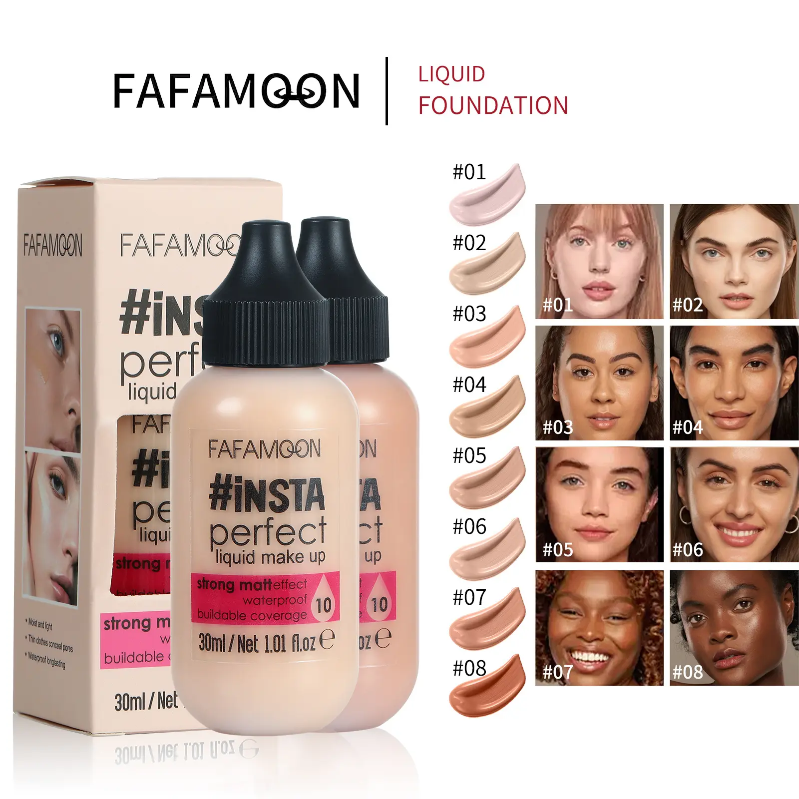 Wholesale 8 Colors Full Coverage 24 Hours HD Moisturizing Waterproof Liquid Face Even Skin Tone Foundation