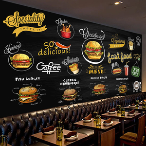 Papier peint mural personnalisé peint à la main, tableau noir, pizza, hamburger, <span class=keywords><strong>photo</strong></span> 3D, décoration murale de fond de cuisine, restaurant, papier peint - Product Image 4