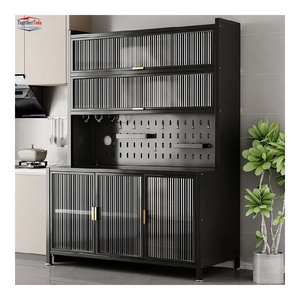 Meuble de rangement de cuisine moderne en métal de style européen, organisateur haut à portes à lattes avec panneau perforé pour essentiels de salon et salle à manger - Product Image 1
