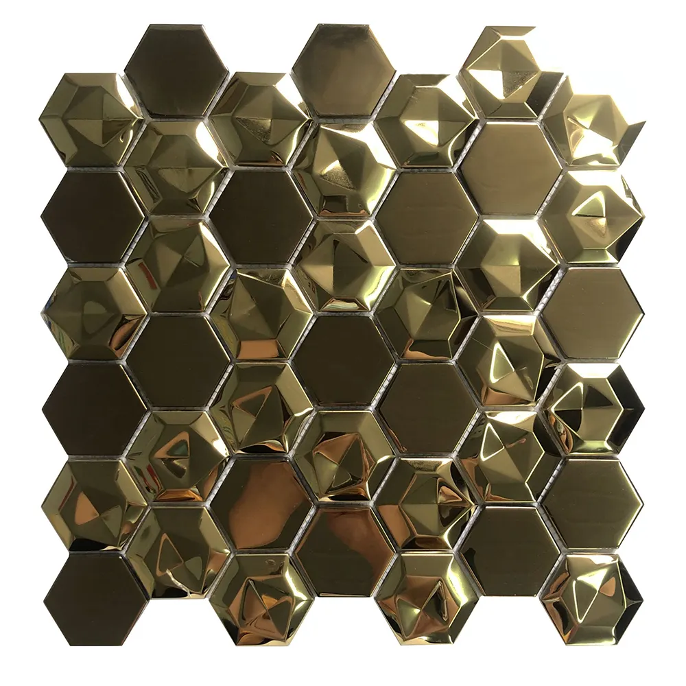 Foshan Wholesale Price 3D Stainless Steel New Hexagon Gold Glass and Metal Mosaic Interior Backsplash