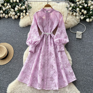 Robe élégante pour femmes, <span class=keywords><strong>vintage</strong></span>, à col rond, à manches bouffantes, à boutons, à taille nouée, avec broderie complexe - Product Image 4