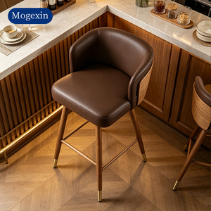 Contemporary Brown Faux <b>Leather</b> Bar <b>Stool</b> Curved Back Bar Chair with Solid Wood Legs for Cafe Restaurant & Hotel - Product Image 2