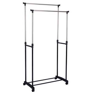 Edelstahl Höhenverstellbarer Kleiderständer Doppelstange Kleiderorganizer Bodenständer Hebebarer Kleiderständer mit 4 Rädern - Product Image 5