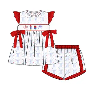 Puresun enfants vêtements boutique USA 4 juillet enfants tenues en tissu été bébé fille robe smockée et courte