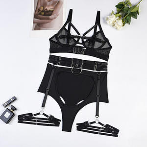 Mode femmes S ensemble de Lingerie-noir transparent sous-vêtement évidé <span class=keywords><strong>porte</strong></span>-jarretelles quatre pièces Sexy soutien-gorge décoration ferme contrôle taille L - Product Image 5
