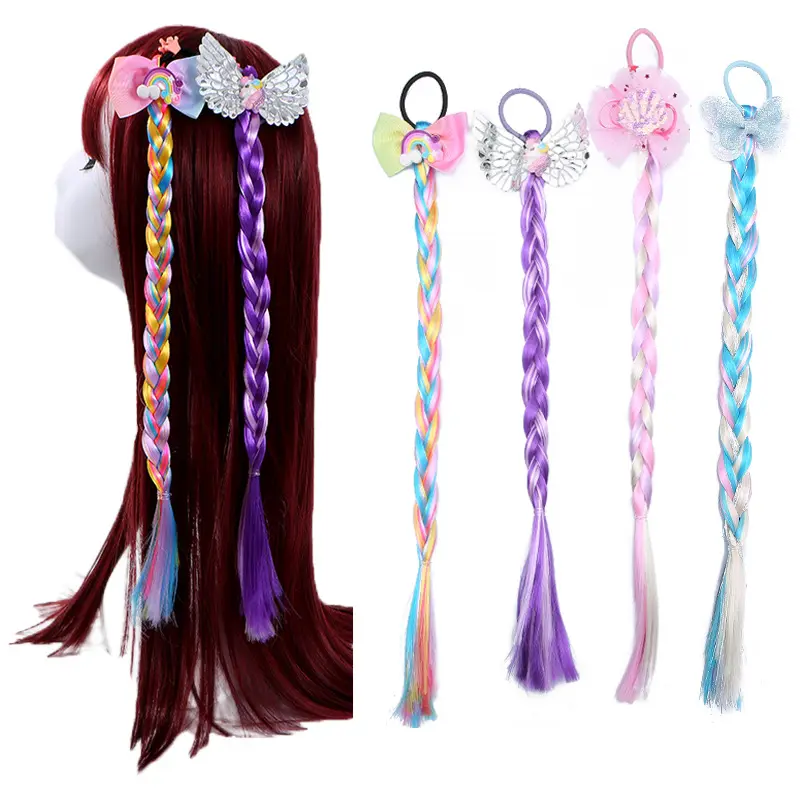 Children Cosplay Mermaid Princess Glitter Hair Accessories Headband Kids long Hair Clips Rainbow Extension Braided Wig
