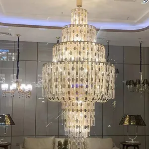 New design luxury interior decoration golden pendant lamp stainless steel tiered square crystal chandelier