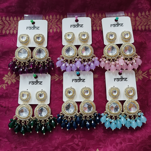 Pendientes colgantes de piedra Kundan chapados en oro con cuentas, colgante de joyería fina para mujer - Product Image 3