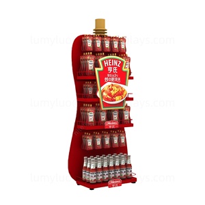 Étagère de présentation sur pied en métal de forme personnalisée avec étagères et crochets pour la promotion de la sauce ketchup et des condiments en supermarché - Product Image 2