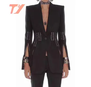 TUOYI Black Key Hole Lace Up Women Short Blazer New Style Elegant Coat For Women Wear