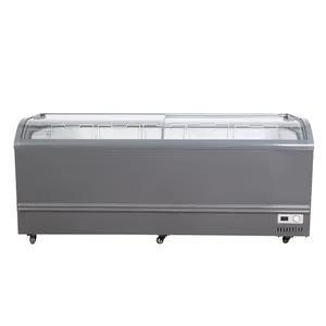 Refrigerador comercial horizontal com portas de vidro deslizantes para peixes, congelador em ilha profunda 390L