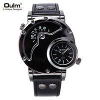 Montre-bracelet Oulm 9591 à deux fuseaux horaires, bracelet en cuir décontracté, grande taille, montres de sport uniques, montre à quartz pour homme