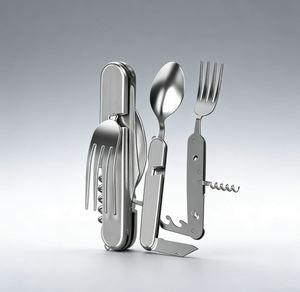 Ensemble de couverts multifonctionnels pliables en acier inoxydable 6-en-1 pour survie, camping et voyage en extérieur - Product Image 1