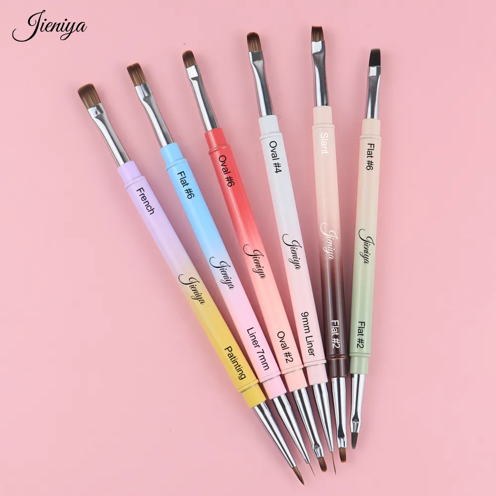 Jieniya set kuas gel datar/Perancis/Oval/Liner gagang logam gradien kualitas tinggi Logo kustom set kuas seni kuku ujung ganda