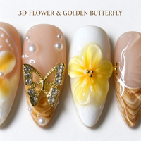 Vente en gros de faux ongles en amande avec fleurs 3D de luxe, papillon doré, perles, pour femmes, manucure