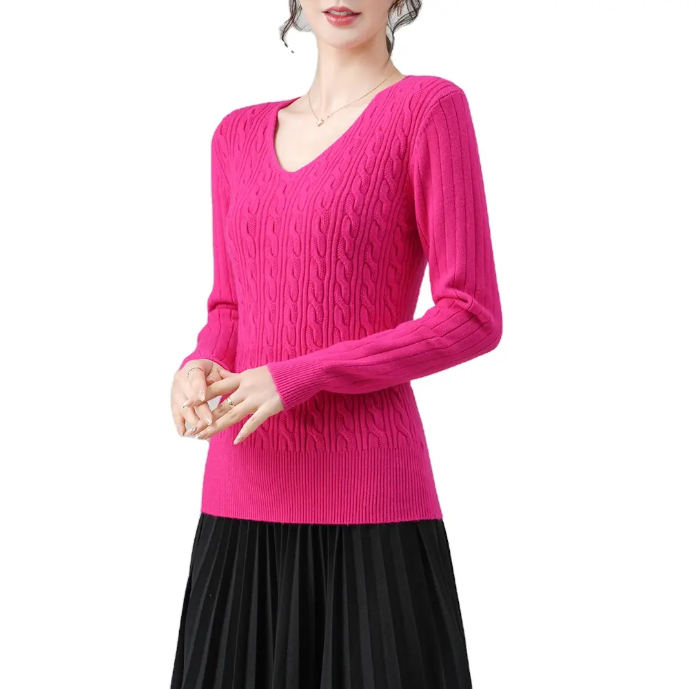 M.L.D.A High Quality Spring Customized Knitted Sweater Slim Fit Sweater V Neck Sweater Women Pink