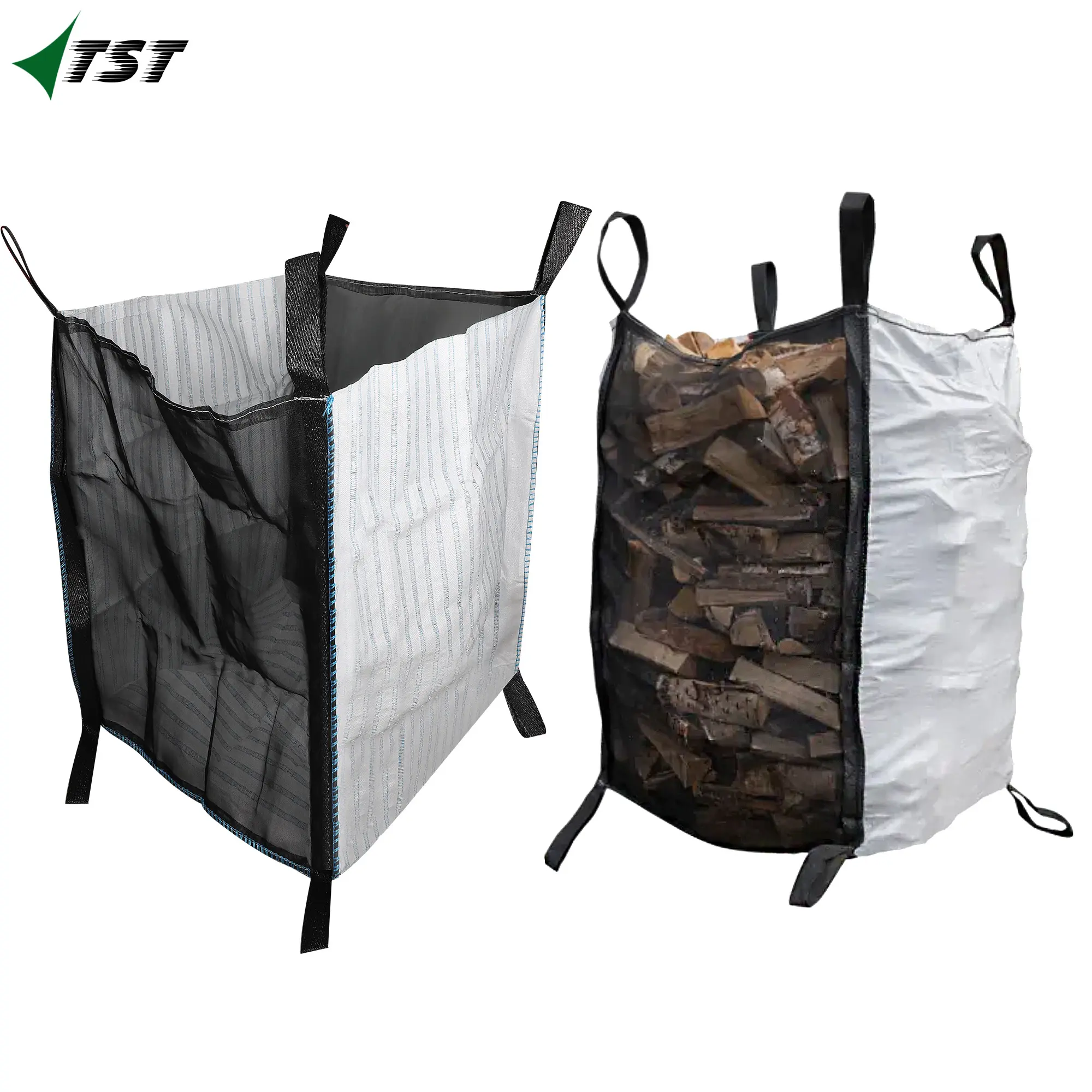 Saco de malha tecido impermeável com alta qualidade e baixo preço lenha malha saco com laços preto e branco saco tecido para lenha